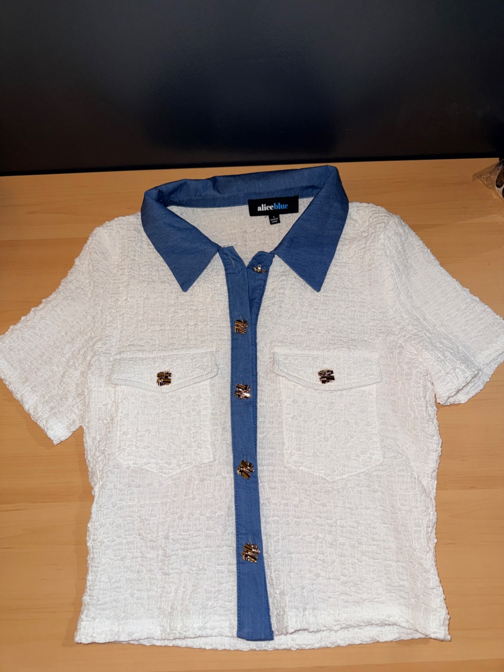 Alice Blue White Textured Top with Blue Trim